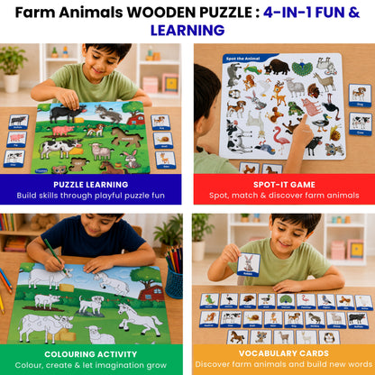 Toysaga Peek & Place Wooden Farm Animals Puzzle for Kids with 4 Fun Learning Activities
