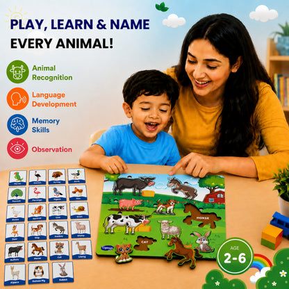 Toysaga Peek & Place Wooden Farm Animals Puzzle for Kids with 4 Fun Learning Activities