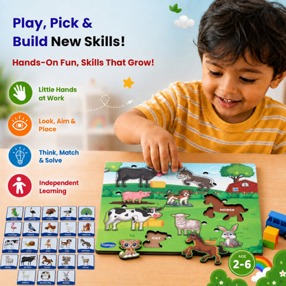 Toysaga Peek & Place Wooden Farm Animals Puzzle for Kids with 4 Fun Learning Activities