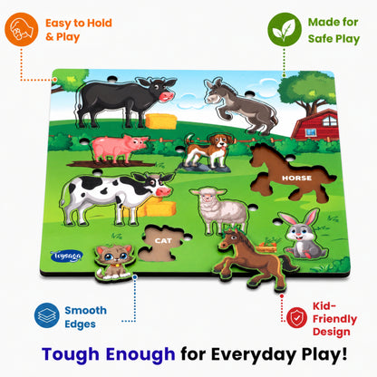 Toysaga Peek & Place Wooden Farm Animals Puzzle for Kids with 4 Fun Learning Activities