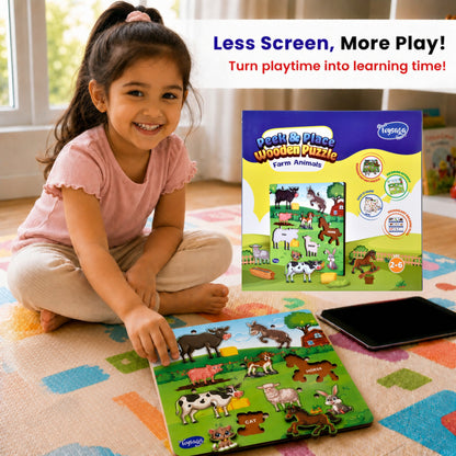 Toysaga Peek & Place Wooden Farm Animals Puzzle for Kids with 4 Fun Learning Activities