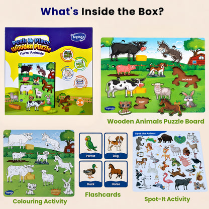 Toysaga Peek & Place Wooden Farm Animals Puzzle for Kids with 4 Fun Learning Activities