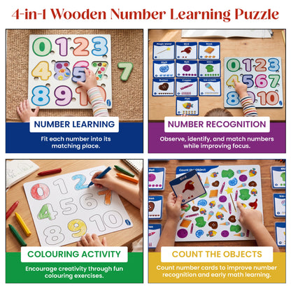 Toysaga Peek & Place Wooden Number Educational Puzzle for Kids with 4 Learning Activity