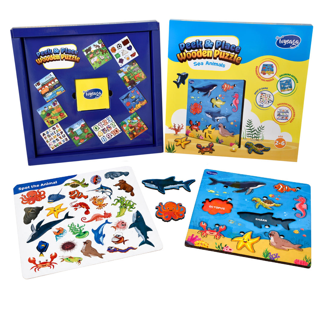 Toysaga Peek & Place Wooden Sea Animals Puzzle for Kids with 4 Learning Activities