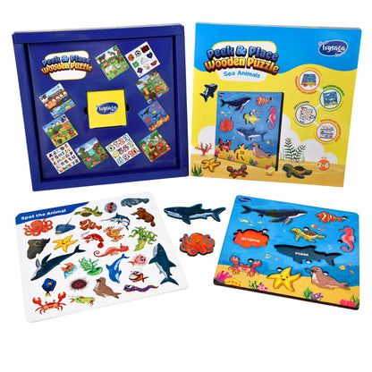Toysaga Peek & Place Wooden Sea Animals Puzzle for Kids with 4 Learning Activities