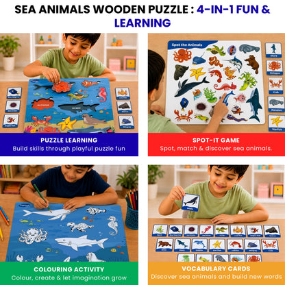 Toysaga Peek & Place Wooden Sea Animals Puzzle for Kids with 4 Learning Activities