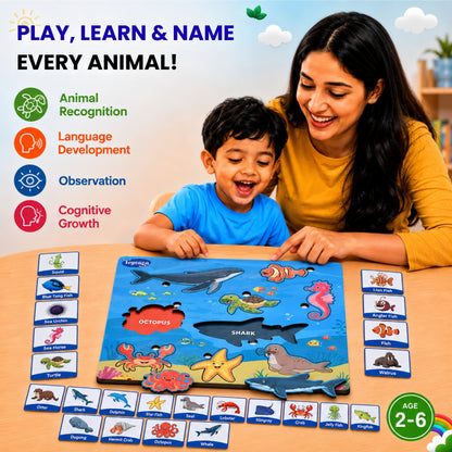 Toysaga Peek & Place Wooden Sea Animals Puzzle for Kids with 4 Learning Activities