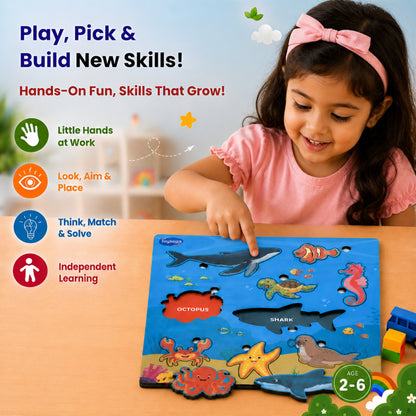 Toysaga Peek & Place Wooden Sea Animals Puzzle for Kids with 4 Learning Activities