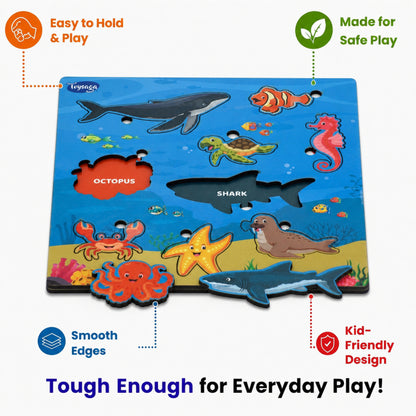 Toysaga Peek & Place Wooden Sea Animals Puzzle for Kids with 4 Learning Activities