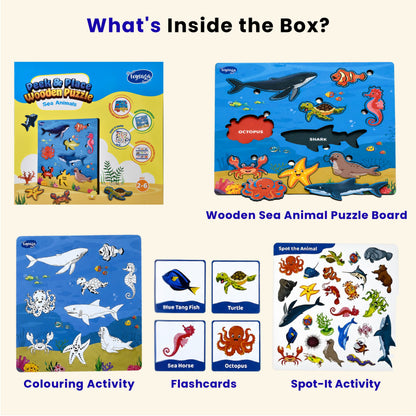 Toysaga Peek & Place Wooden Sea Animals Puzzle for Kids with 4 Learning Activities